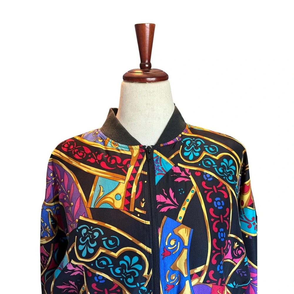 Vintage‎ 80s Silk Satin Bomber Jacket | Abstract Baroque Print | OSFM - Picture 9 of 12